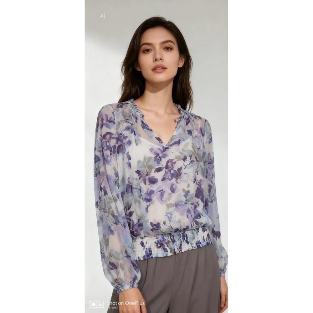 WHBM Outlet Womens Multicolor Floral Sheer Ruffle V-Neck Blouse Long Sleeve S